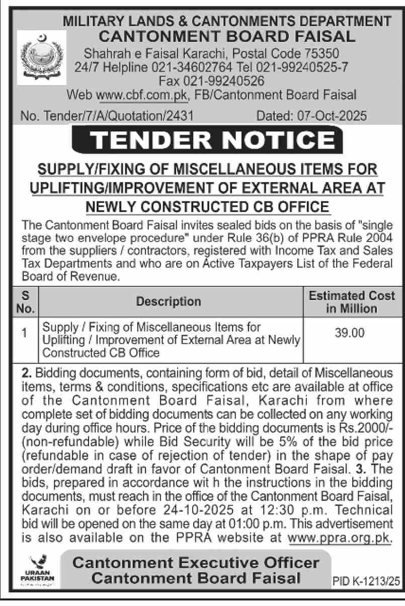 Military Land & Cantonment Department Karachi Tender Notice
